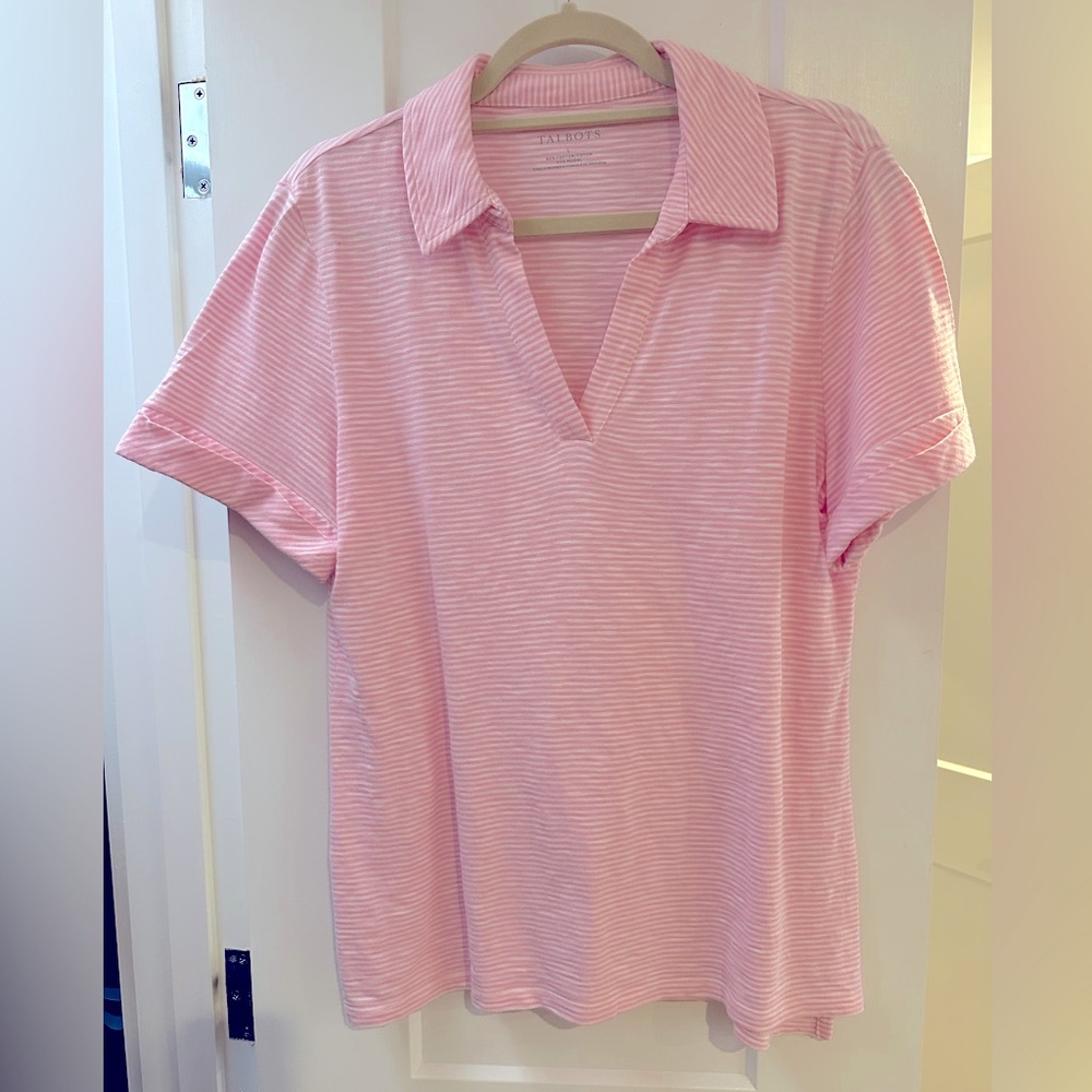 Fresh Pink Roll Cuff Johnny Collar Striped Tee